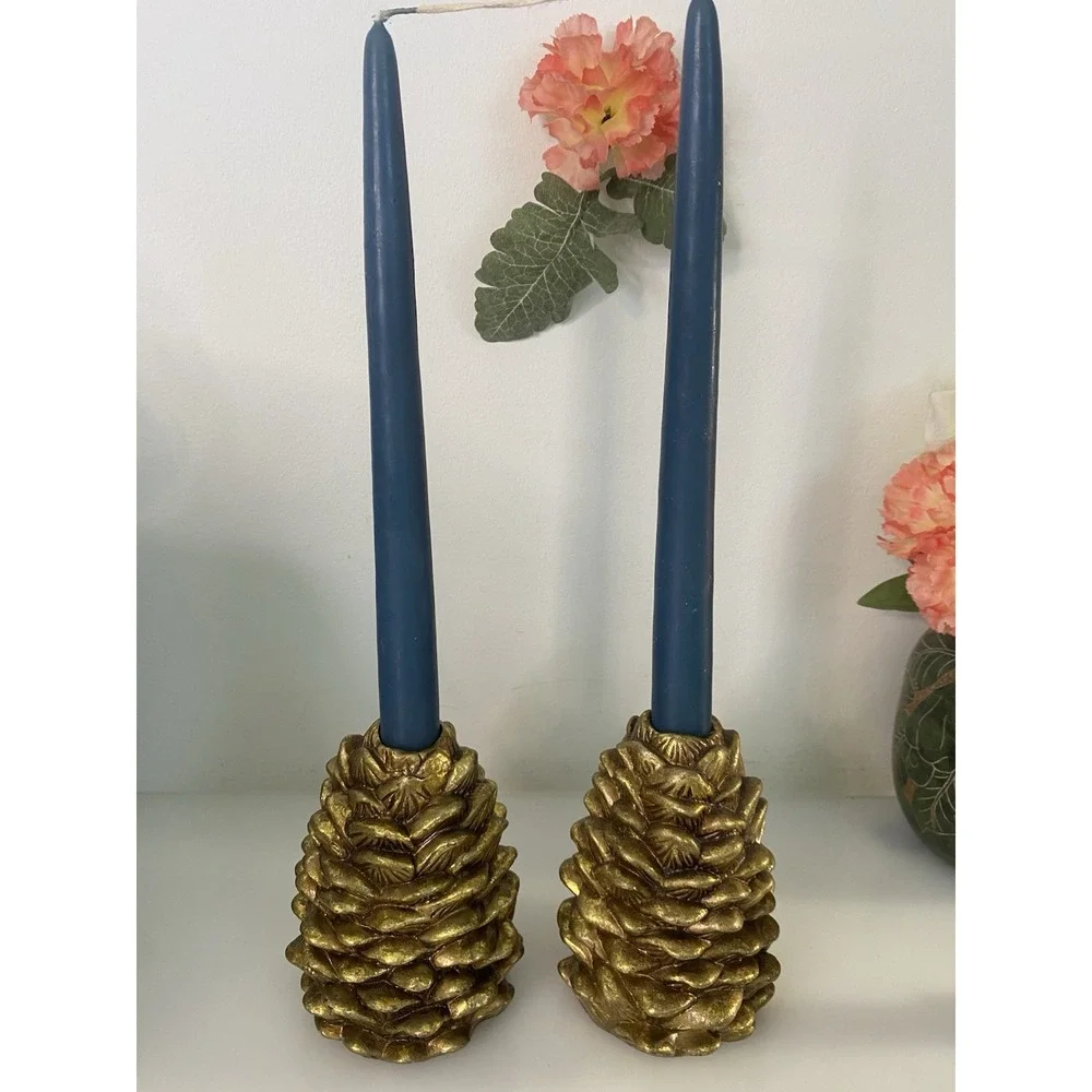 Vintage Otagiri 1996 Enesco Pinecone Taper Candle Holders Set of 2 Ceramic 5